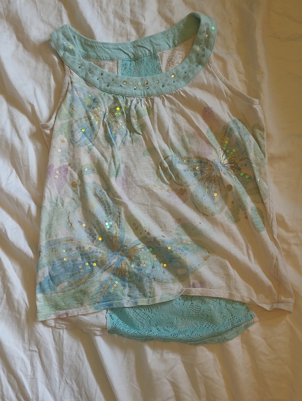 Justice Mint and White Butterfly Sequin Tank